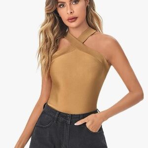 Crisscross Halter Tank Top in Camel